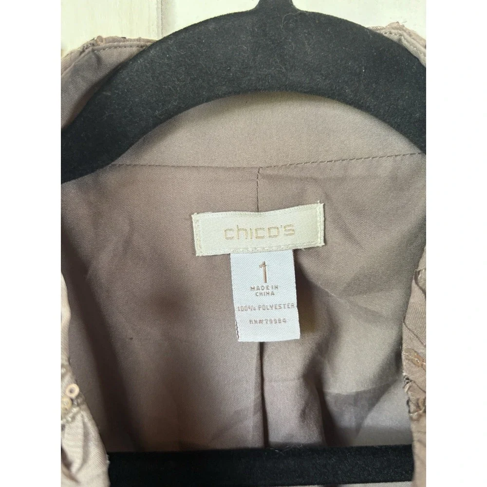 Chico's Embellished‎ Sequin Blazer Brown Taupe Open Front Size 1 (M 8/10)